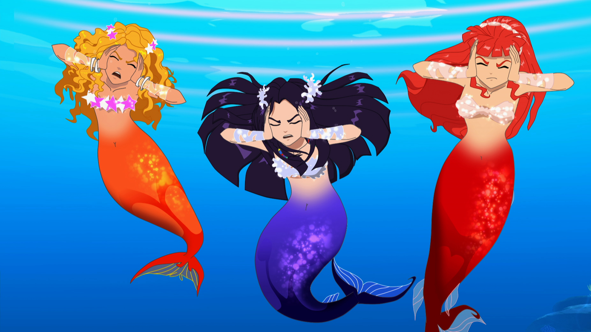 Emma, Cleo und Rikki hören Unterwasser ein fürchterliches Geräusch und halten sich die Ohren zu.