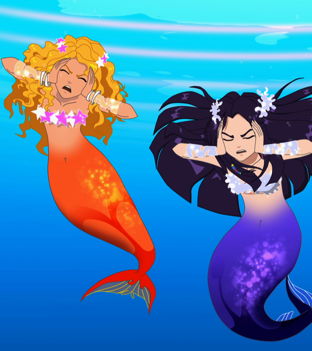 Emma, Cleo und Rikki hören Unterwasser ein fürchterliches Geräusch und halten sich die Ohren zu.