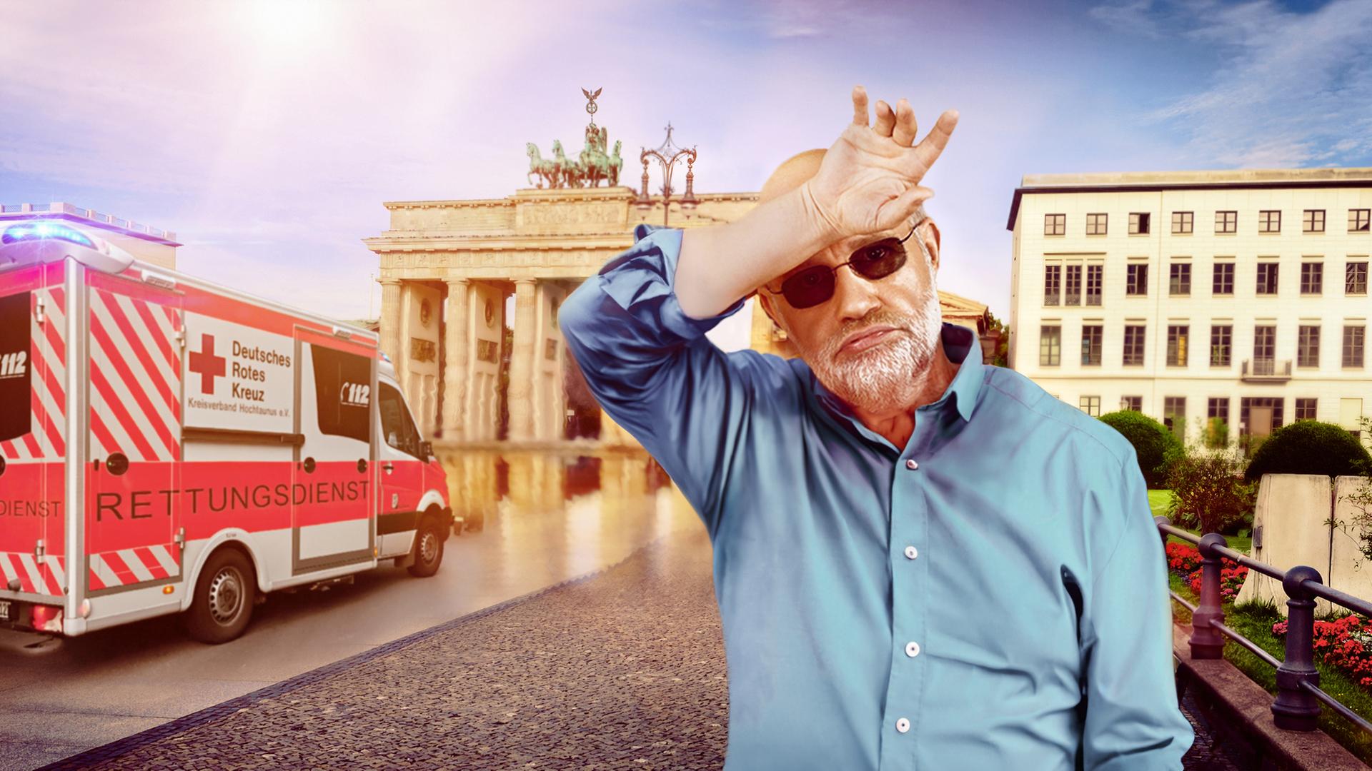 Grafik: Harald Lesch schwitzend vor Brandenburger Tor und Krankenwagen