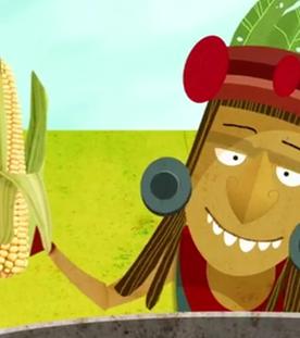 Zeichnung eines südamerikanischen Ureinwohners mit Maiskolben in der Hand.