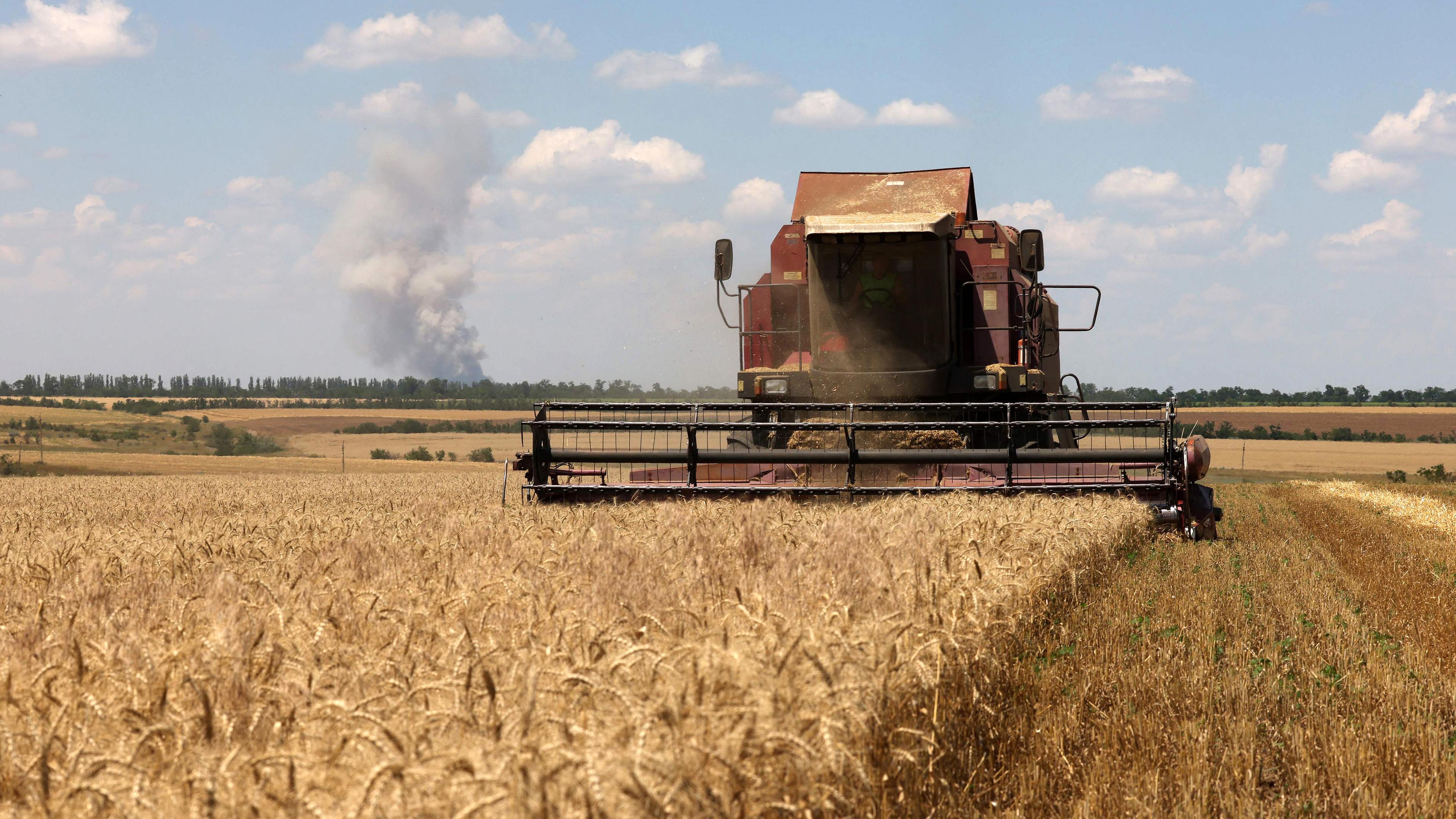 Ein Mähdrescher erntet Weizen auf einem Feld in der Nähe des Dorfes Novosofiivka in der Region Mykolaiv (Ukraine), aufgenommen am 04.07.2023