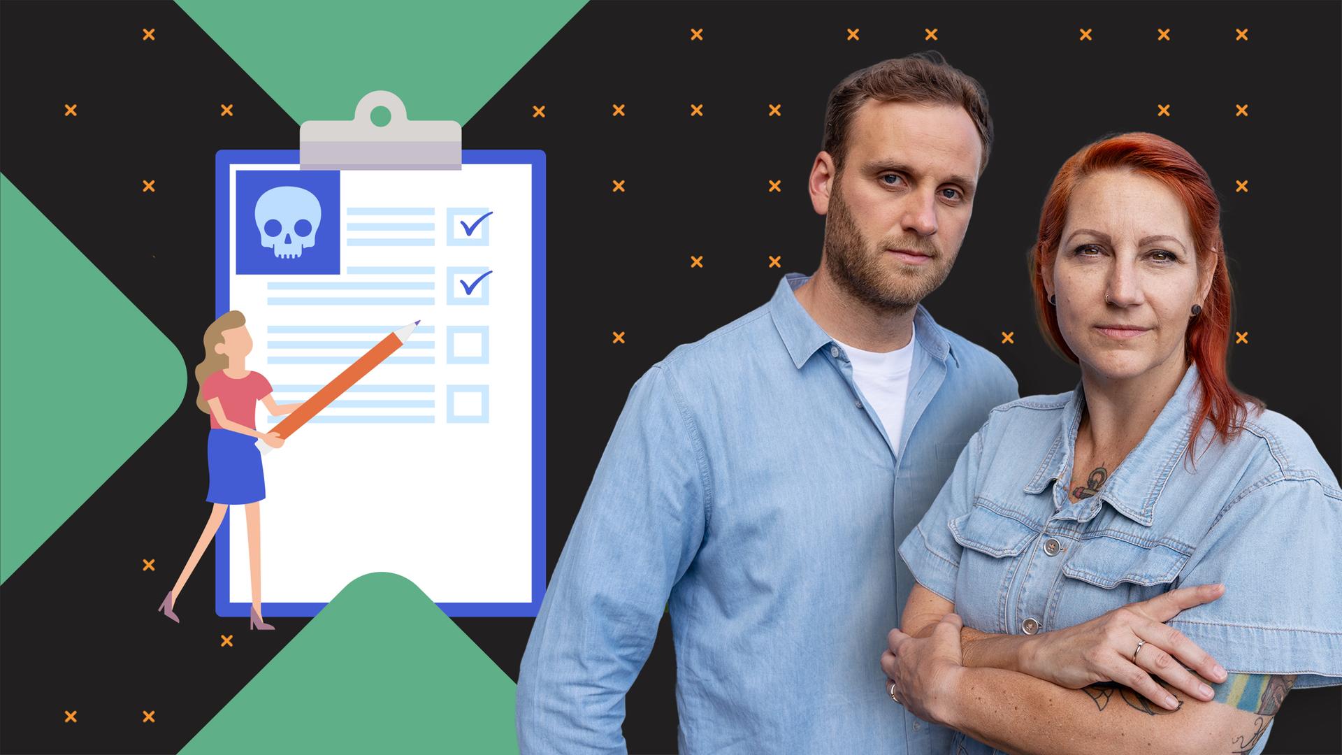 Leon Windscheid steht vor einer Grafik, auf der viele weinende Trauernde zu sehen sind und ein Mensch, der sich gerade auflöst und verschwindet – ein Abschied für immer.