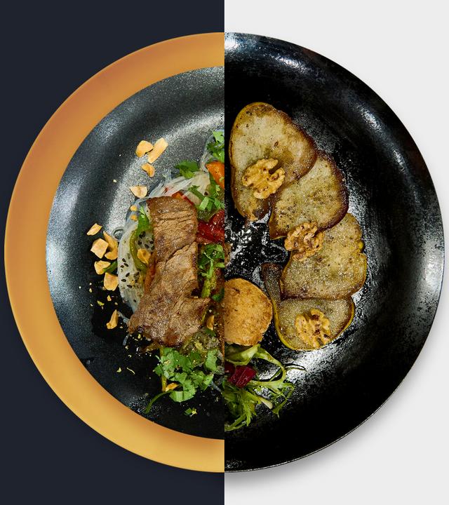 Glasnudelsalat vs. Karamellisierte Birnenscheiben