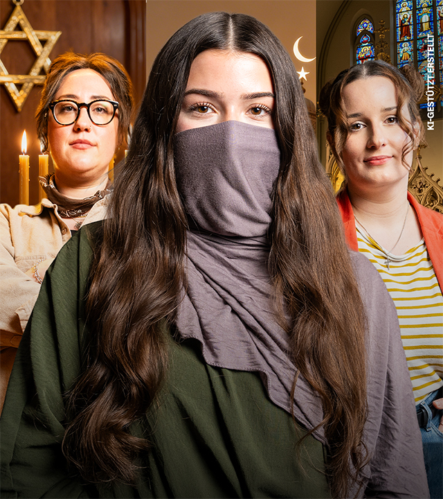 Im Vordergrund sind drei junge Frauen mit unterschiedlichen Frisuren und Outfits. Die Frau in der Mitte verdeckt ihr Gesicht bis auf ihre Augen. Im Hintergrund sind Kerzen, ein Davidstern, eine Mondsichel mit einem Stern darunter und ein buntes Kirchenfenster zu sehen.