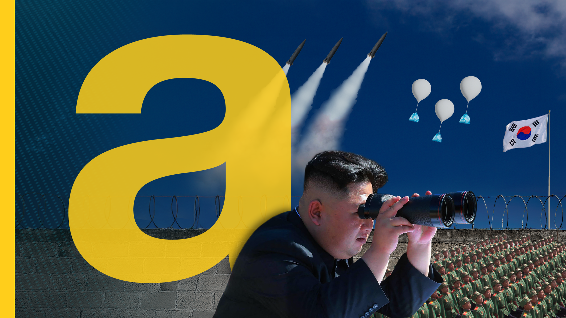 Nordkoreas Diktator Kim Jong-un beobachtet mir Fernglas seine Soldaten, während Raketen und Müll-Ballons über die Grenze fliegen