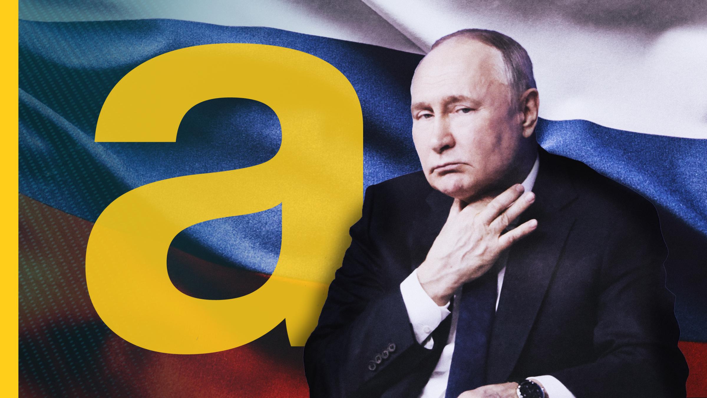 Wladimir Putin vor russischer Flagge, daneben das auslandsjournal-Logo