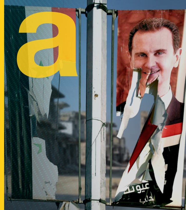 Trümmer in Syrien und zerfetztes Poster von Baschar al-Assad