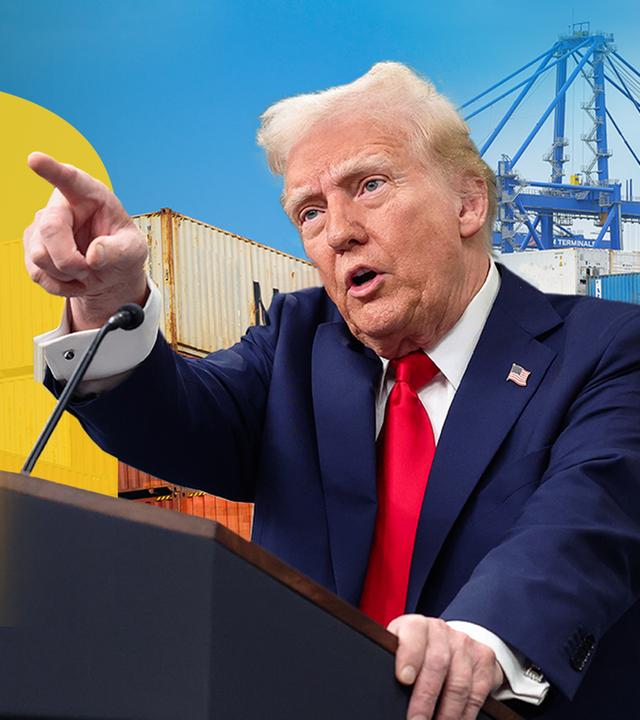 Donald Trump vor großen Handelscontainern
