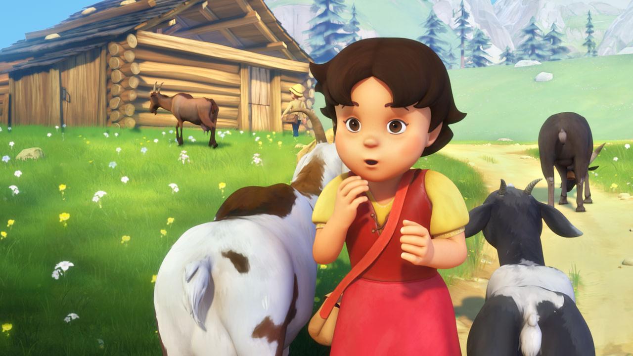 Heidi kümmert sich um die Ziegenherde. Sie steht vor einer Gruppe Ziegen und schaut überrascht. Im Hintergrund ist Peter zu sehen, der zur Hütte läuft.