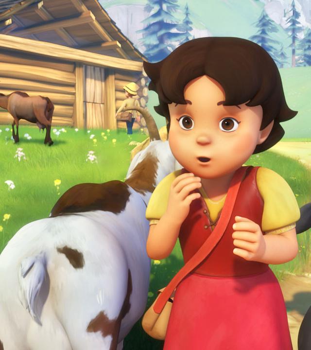 Heidi kümmert sich um die Ziegenherde. Sie steht vor einer Gruppe Ziegen und schaut überrascht. Im Hintergrund ist Peter zu sehen, der zur Hütte läuft.