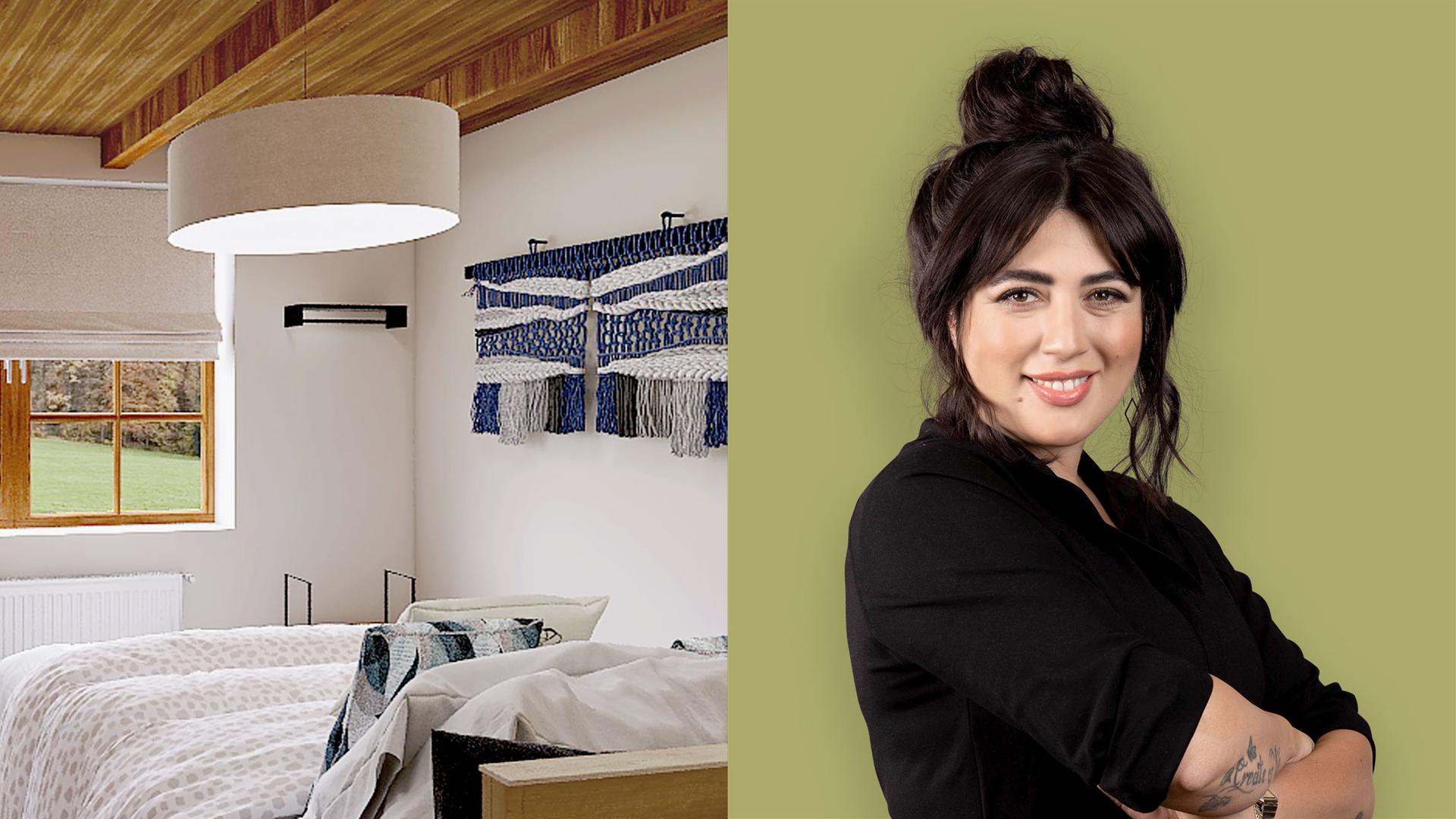 Bett mit Blick zum Fenster und Moderatorin Emell