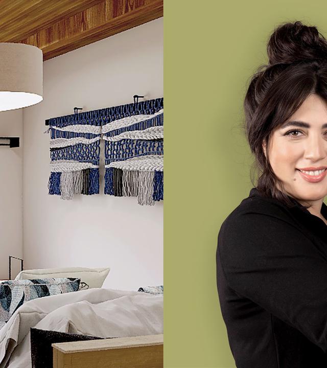 Bett mit Blick zum Fenster und Moderatorin Emell