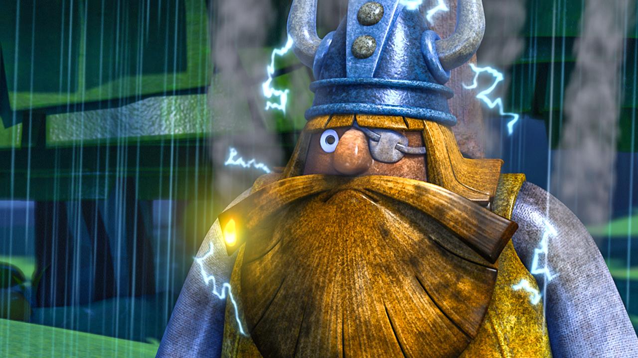 Halvar wurde beim Gewitter von einem Blitz getroffen. Es regnet, um ihn herum schwirrt noch Elektrizität, seine Haare und seine Kleidung sind angesengt.