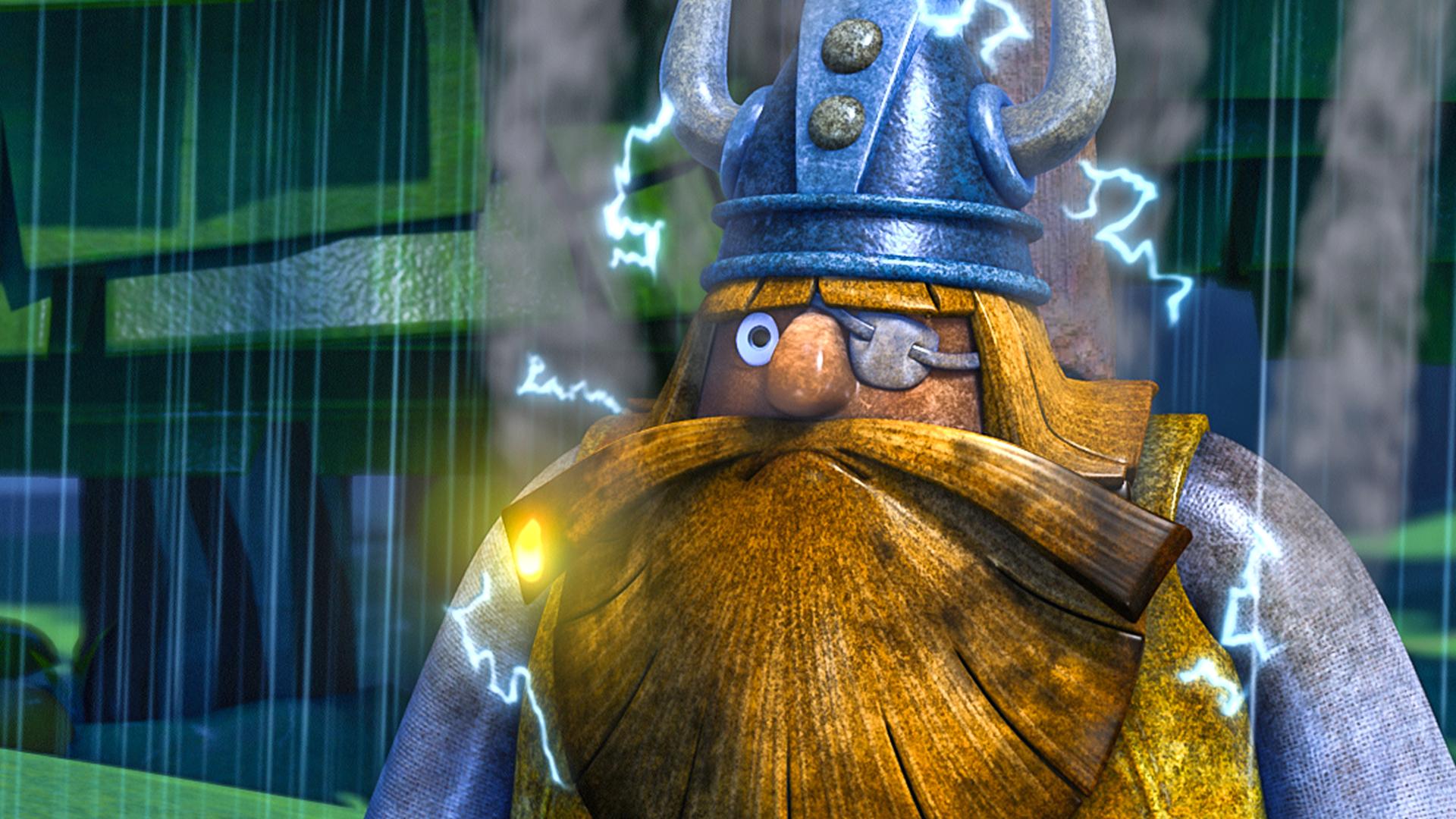 Halvar wurde beim Gewitter von einem Blitz getroffen. Es regnet, um ihn herum schwirrt noch Elektrizität, seine Haare und seine Kleidung sind angesengt.