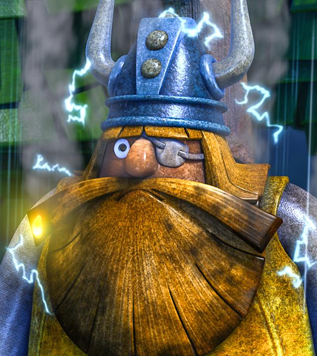 Halvar wurde beim Gewitter von einem Blitz getroffen. Es regnet, um ihn herum schwirrt noch Elektrizität, seine Haare und seine Kleidung sind angesengt.