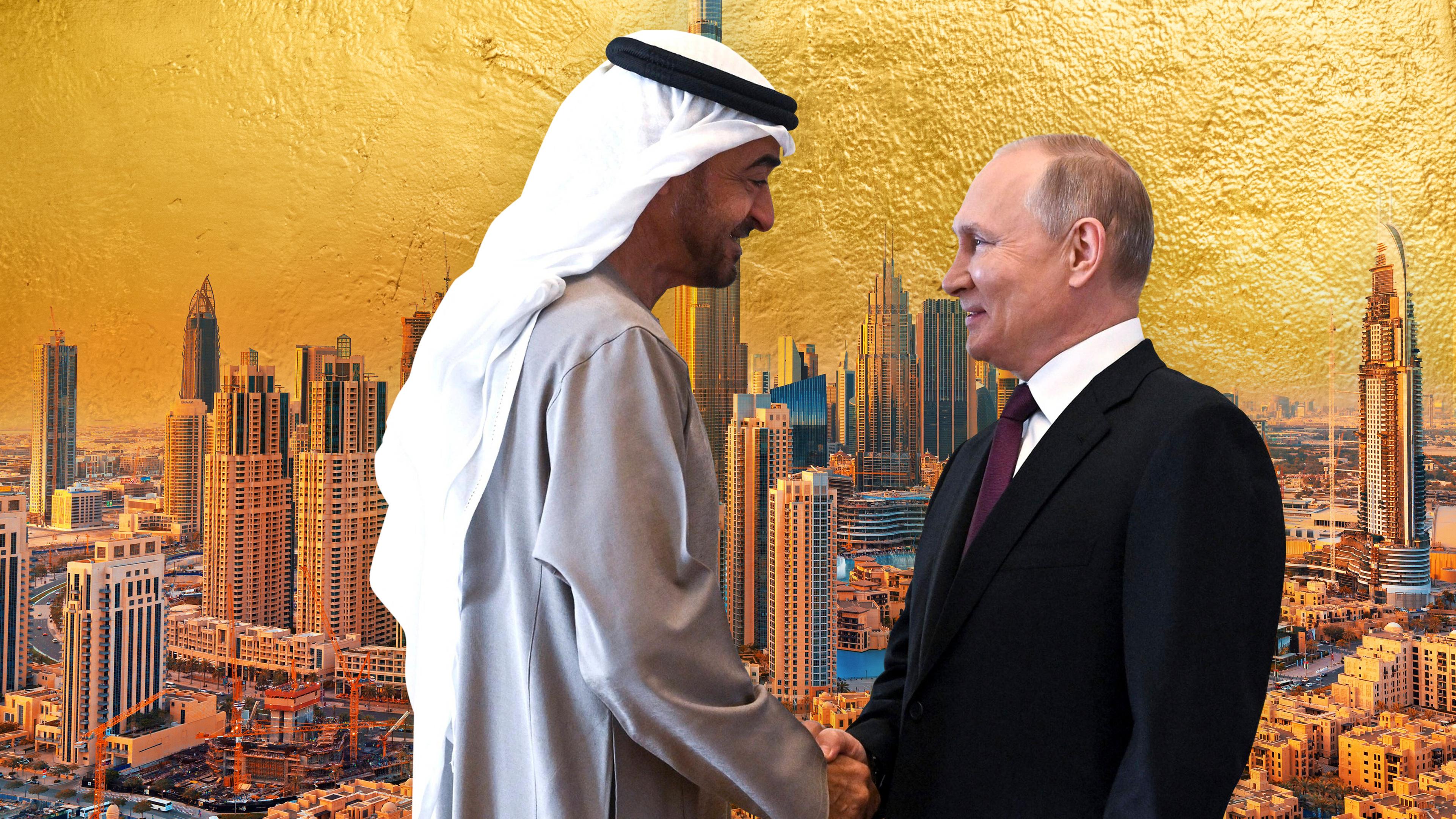 Montage: Vladimir Putin und Scheich Mohamed bin Zayed al-Nahyan schütteln sich die Hand. Im Hintergrund die, in goldenes Licht getauchte, Skyline von Dubai.
