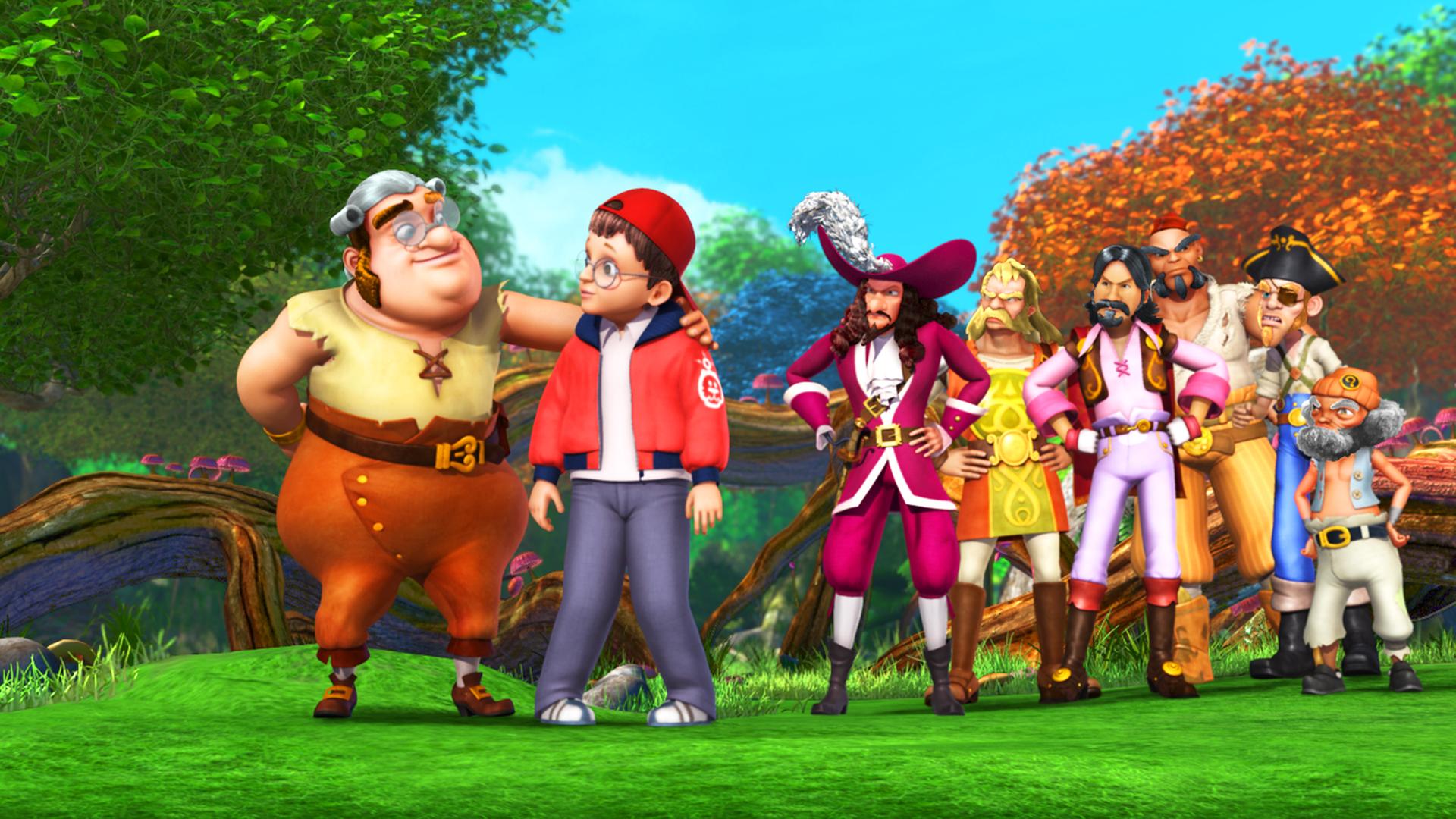 John (zweiter von links) bekommt von einem von Hooks Piraten auf die Schulter geklopft, während Hook und seine Meute rechts im Hintergrund stehen.