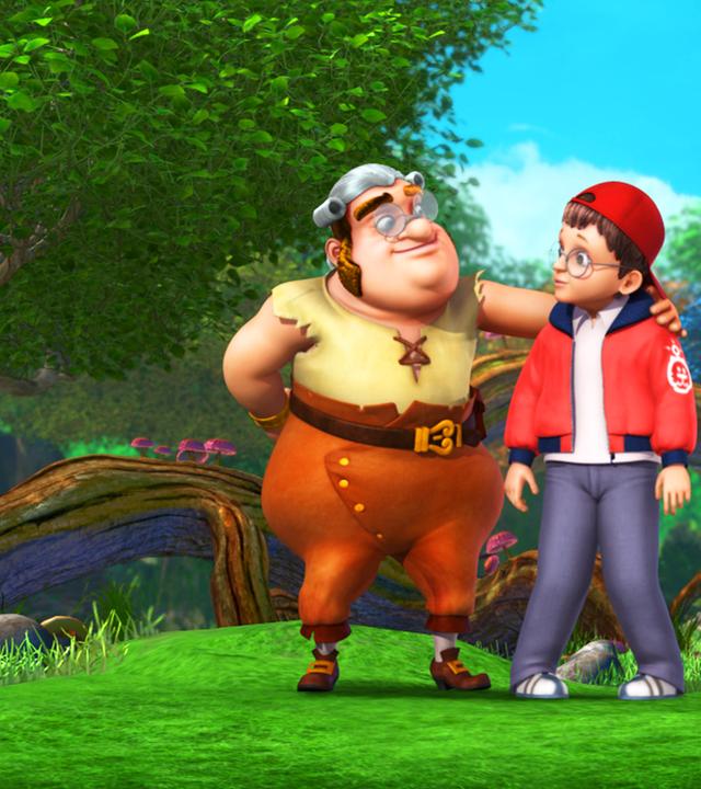 John (zweiter von links) bekommt von einem von Hooks Piraten auf die Schulter geklopft, während Hook und seine Meute rechts im Hintergrund stehen.