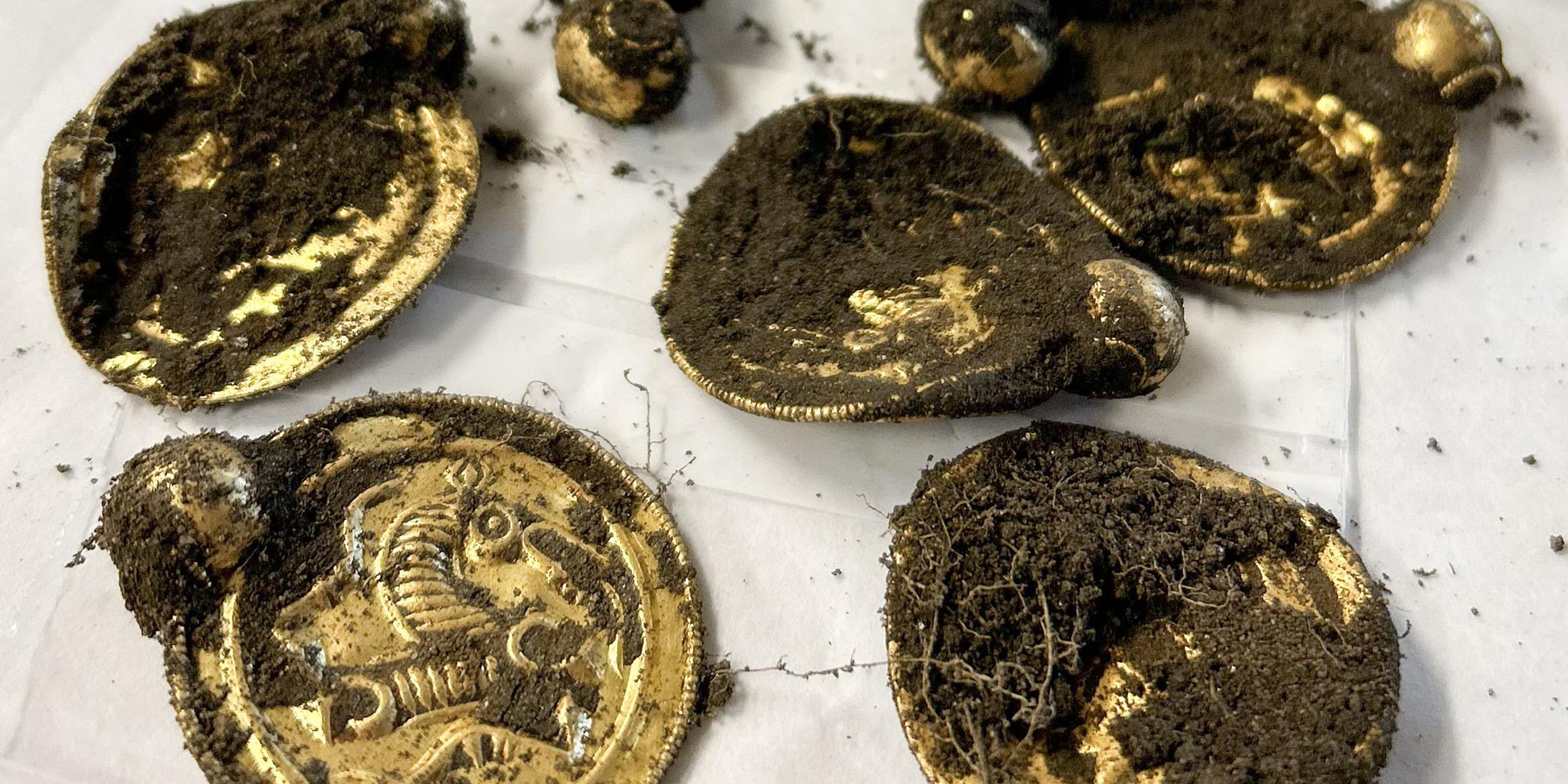 Münzähnliche Goldanhänger, die Teil eines Goldschatzes sind, der im August 2023 von einem Amateurarchäologen auf der Insel Rennesoy in Stavanger gefunden wurde.