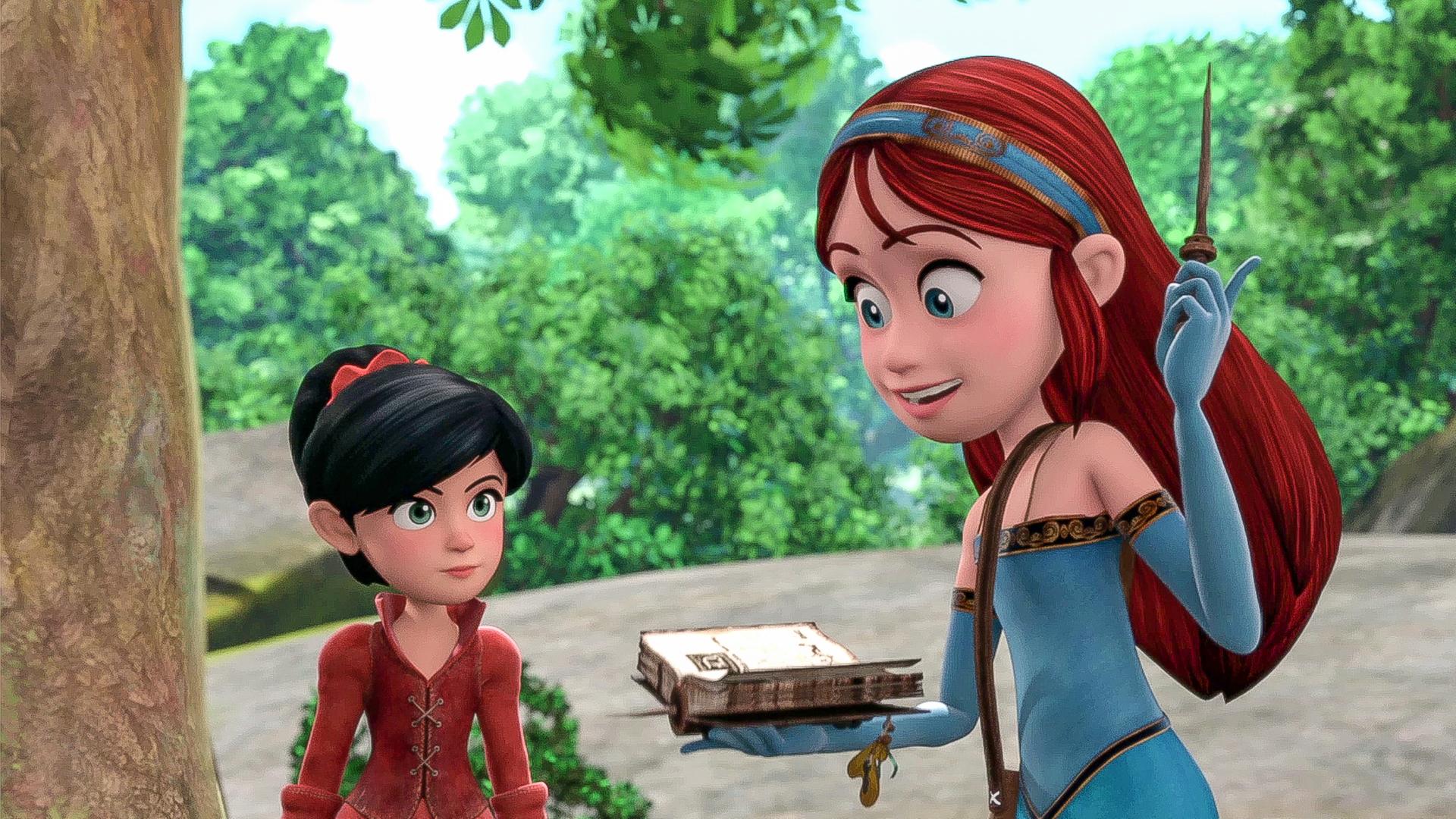 Marian hat die linke Hand erhoben und hält darin ihren Zauberstab. In der rechten Hand hält sie ein Buch, in das sie schaut.