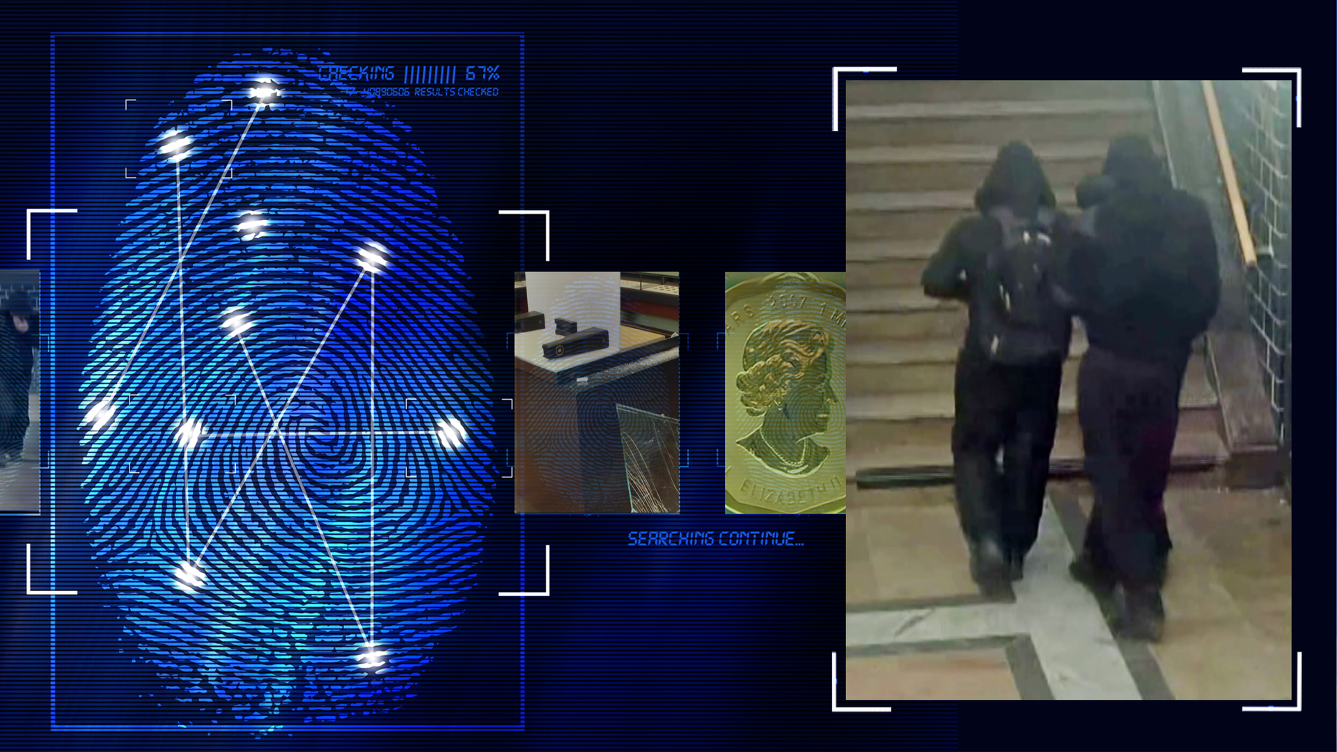 Bild aus einer Überwachungskamera zeigt einen Treppenaufgang. Zwei Gestalten mit schwarzer Kleidung und Kaputzenpullis bewegen sich auf die Treppe zu. Sie sind von hinten zu sehen. Einer von ihnen trägt einen Rucksack. Links daneben: Lichtschematische Darstellung eines Fingerabdrucks.