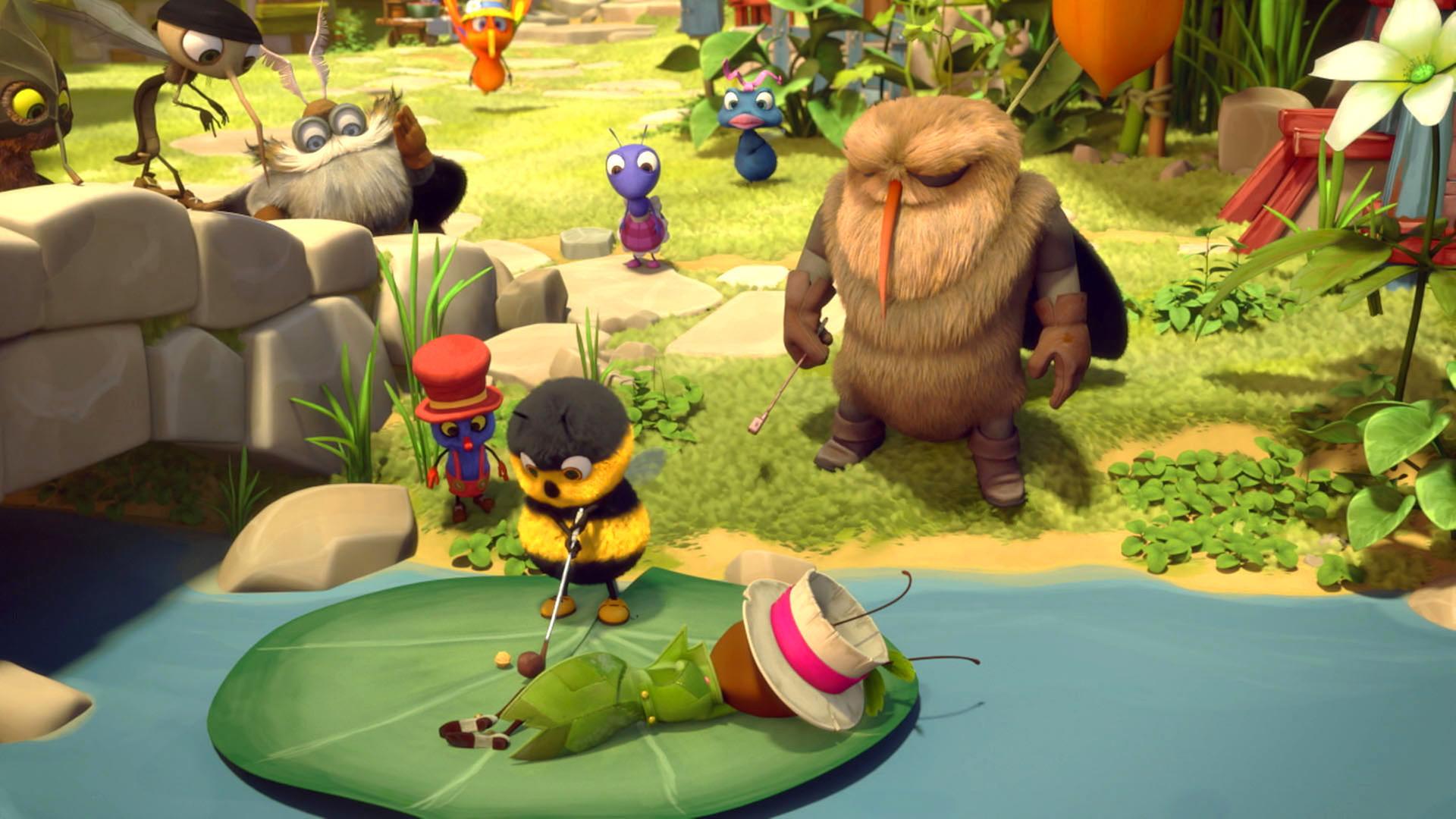 Die Plagegeister spielen Golf, während die Gartenbewohner ihnen zusehen.