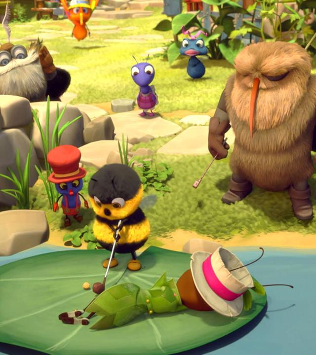 Die Plagegeister spielen Golf, während die Gartenbewohner ihnen zusehen.