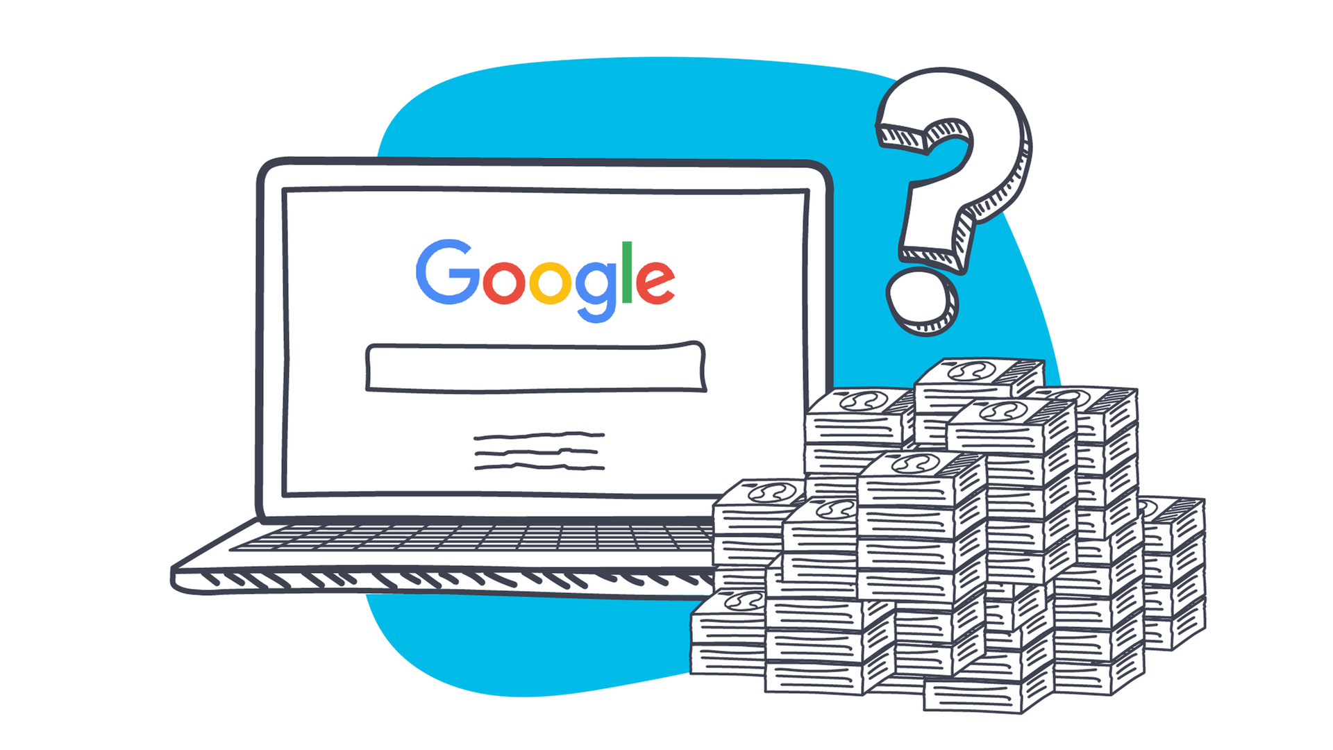 Grafik: Computerbildschrim mit Googlesuchleiste, daneben Geldhaufen und Fragezeichen