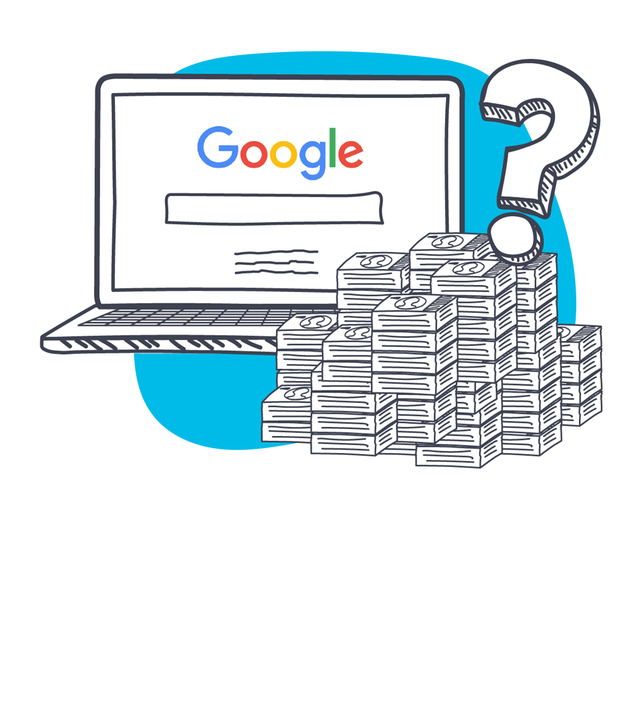 Grafik: Computerbildschrim mit Googlesuchleiste, daneben Geldhaufen und Fragezeichen