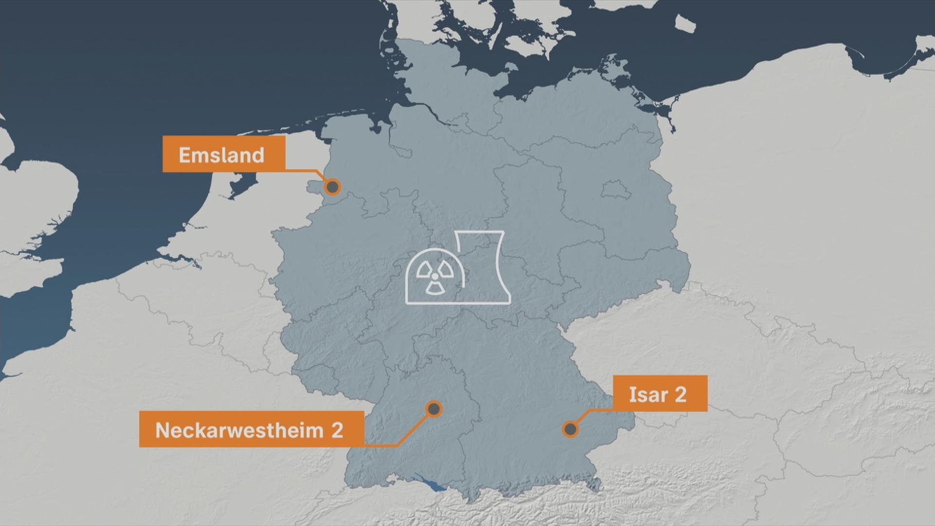Auf dem Bild ist eine Grafik zu sehen, welche die letzten drei AKWs Emsland, Neckarwestheim 2 und Isar 2.