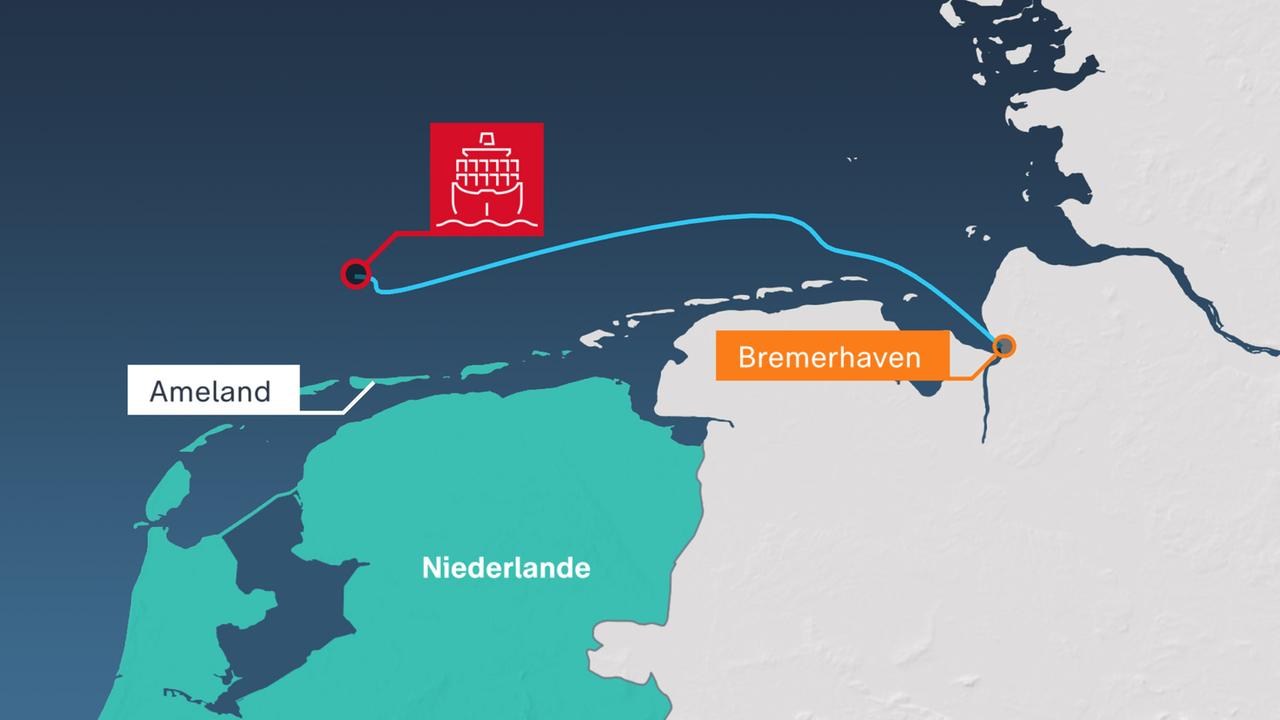 Zu sehen ist eine Grafik, die den Standort des brennenden Auto-Frachters vor Ameland sowie die Route ausgehend von Bremerhaven zeigt.
