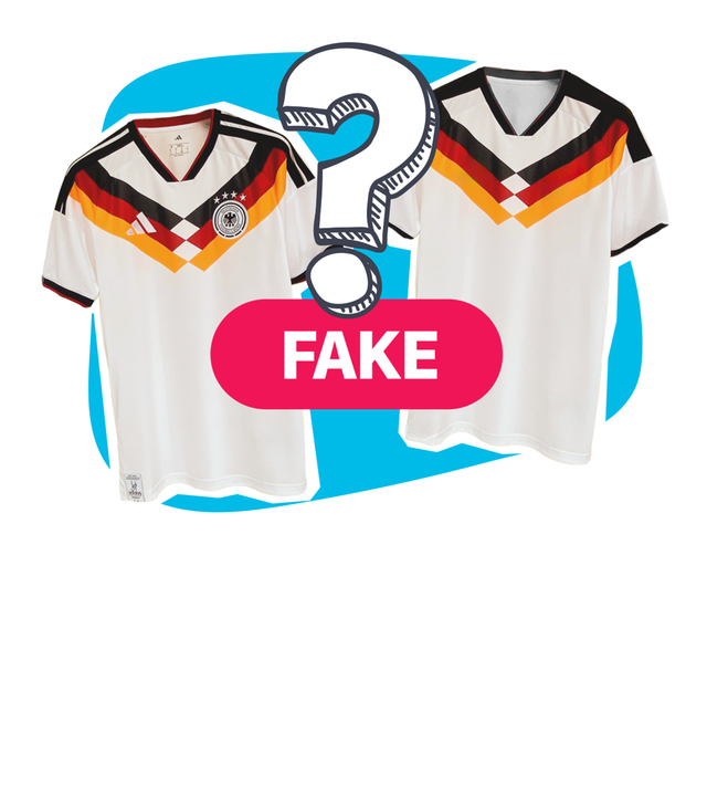 Zwei Fußball-Trikots; Fragezeichen; "FAKE"