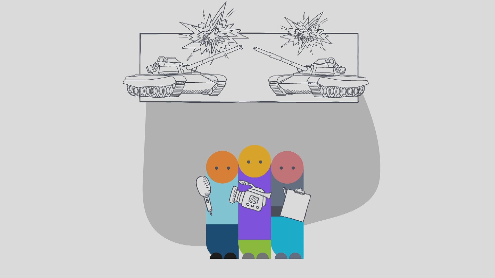 Grafik mit Panzern und Jounalist*innen