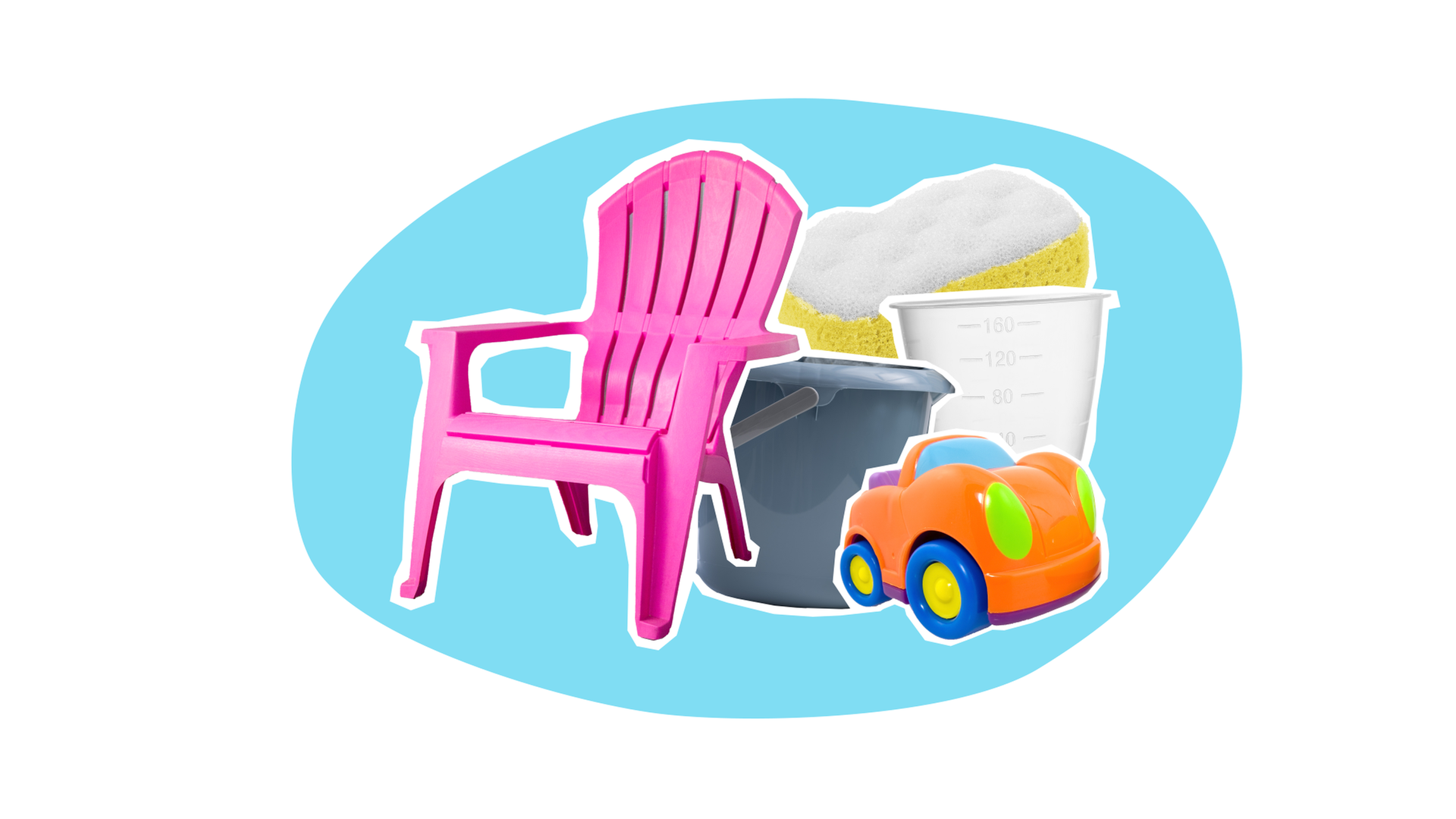 Plastikstuhl, Putzeimer und Spielzeugauto aus Plastik