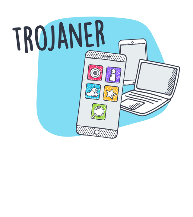 Schriftzug "Trojaner", daneben grafisch Smartphone, Tablet und Laptop