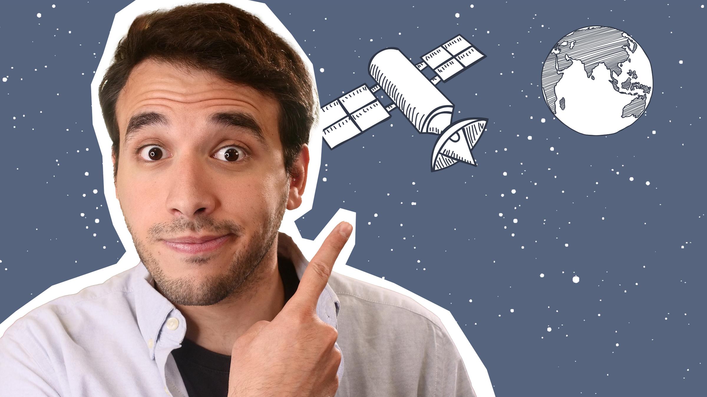 Sherif zeigt auf Satellit, der die Erde umkreist