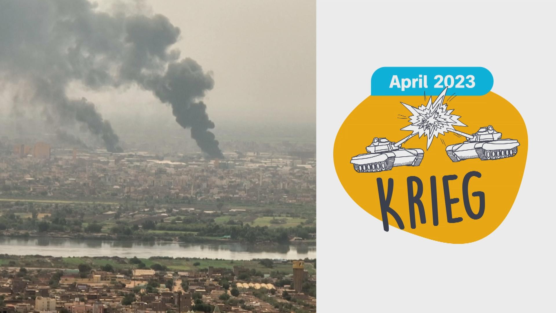 Foto von aufsteigendem Rauch aus einem Kampfgebiet und die Schrift: Krieg seit April 2023