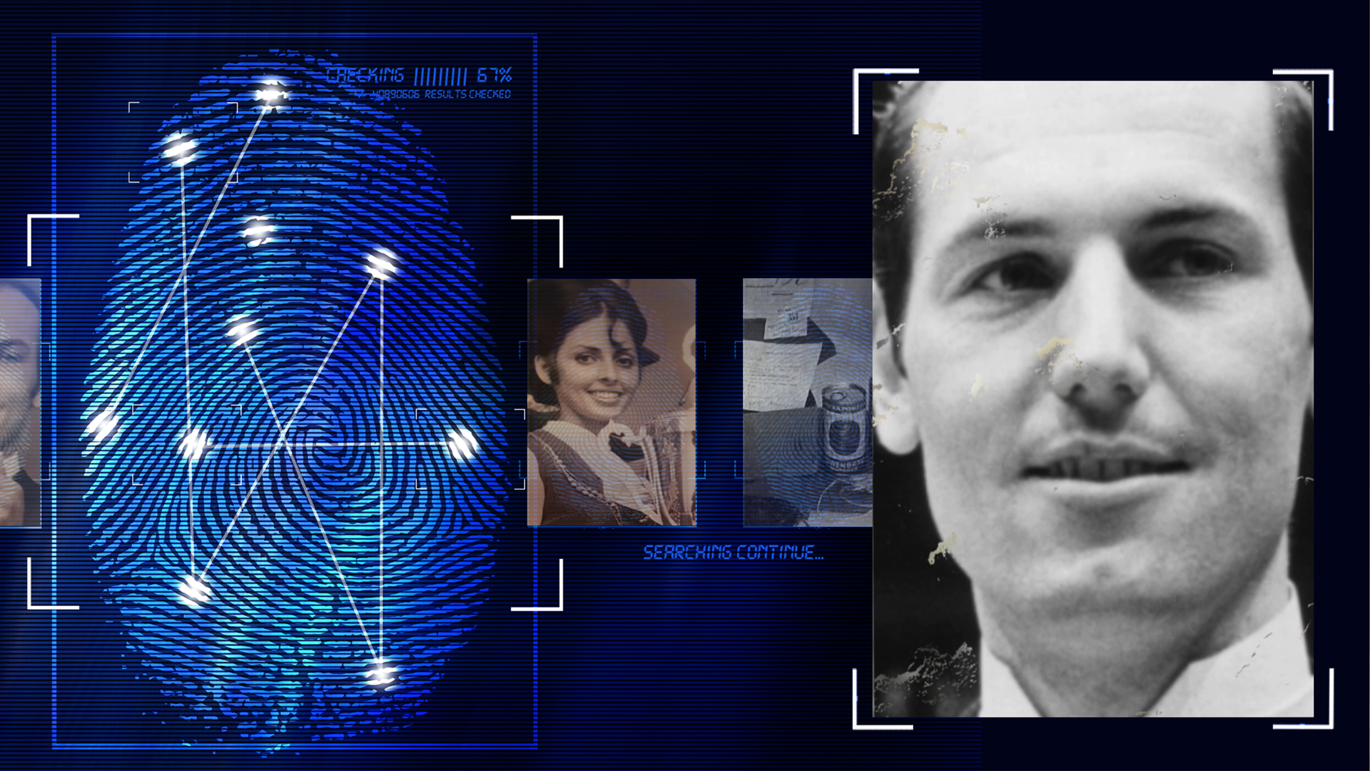 Schwarzweiß-Portrait eines Mannes, ca 40. Jahre alt. Lacht rechts an der Kamera vorbei. Das Gesicht ist bildfüllend. Links daneben: Lichtschematische Darstellung eines Fingerabdrucks.