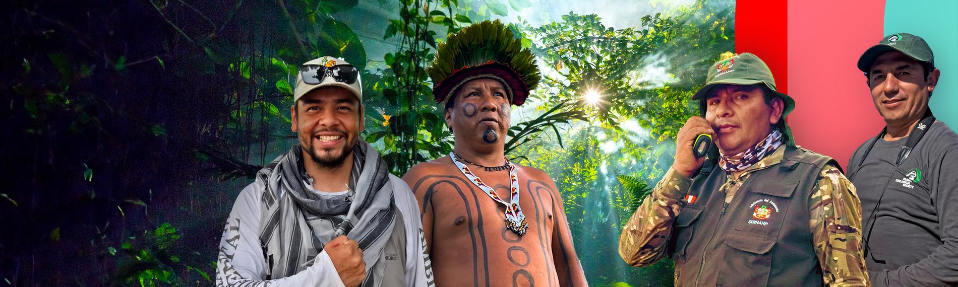 Vier Protagonisten der Reihe "Green Warriors - Retter des Regenwaldes" vor eben diesem stehend.