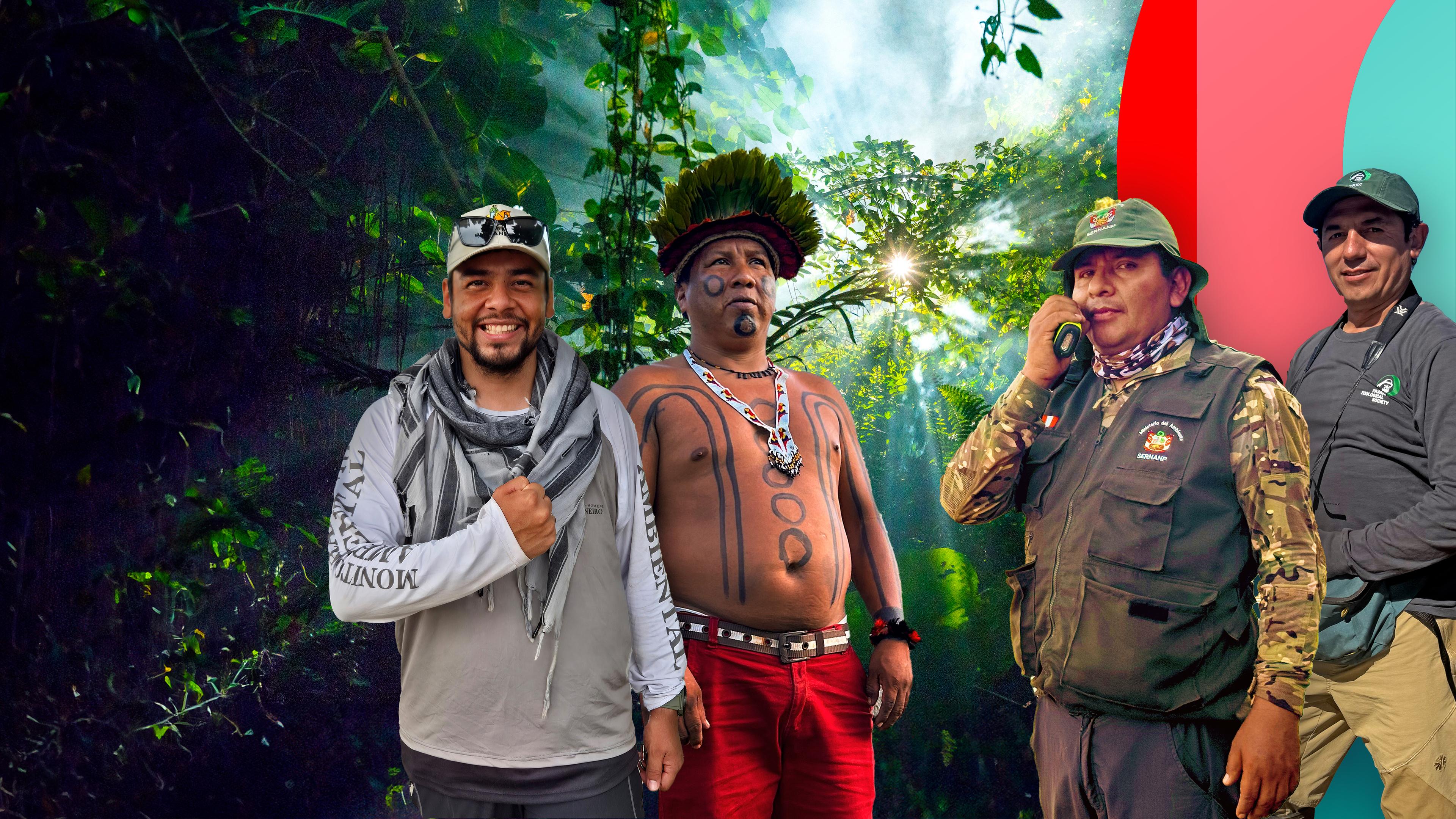 Vier Protagonisten der Reihe "Green Warriors - Retter des Regenwaldes" vor eben diesem stehend.