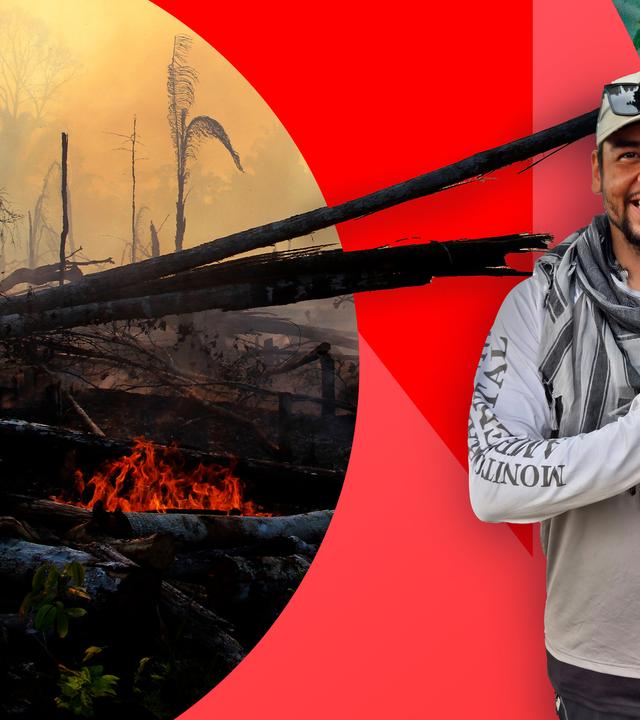 Der Protagonist im Vordergrund, im Hintergrund links das Foto von verkohlten Baumstümpfen und ein noch flackerndes Feuer, rechts ein Ausschnitt eines noch intakten Regenwaldes