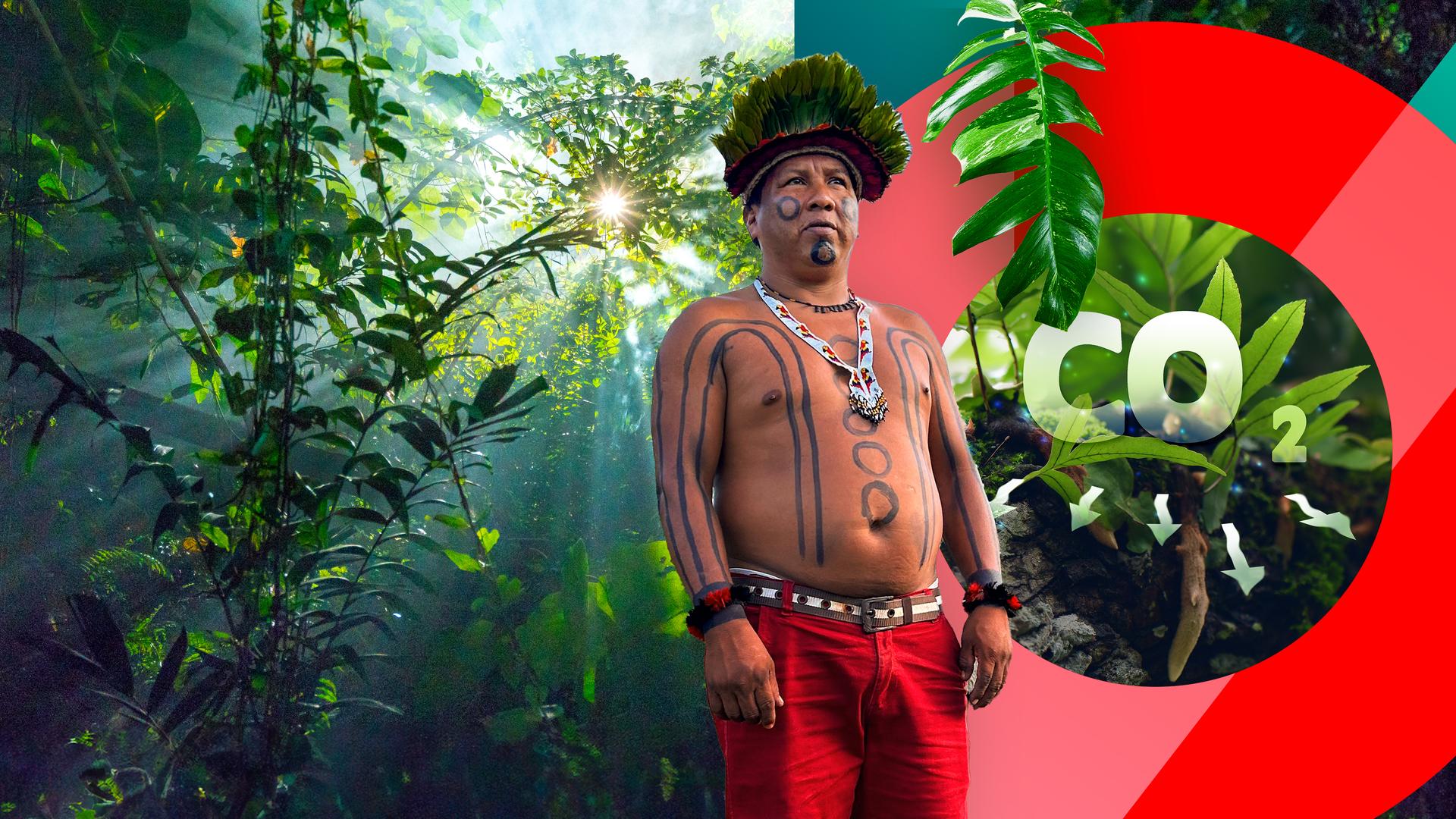 Ein Indigener Protagonist vor Regenwald und einem der Schrift CO2