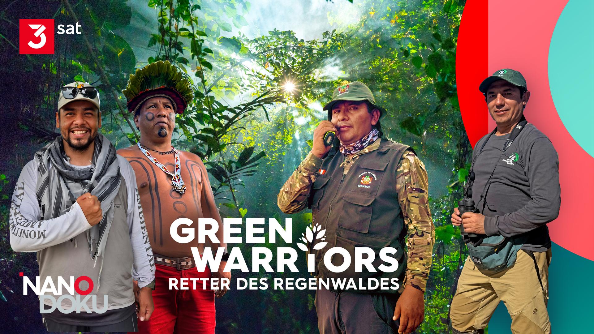 Vier Protagonisten der Staffel vor einem Bild des Regenwaldes