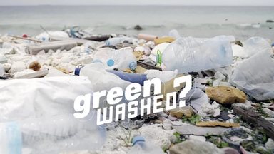 Müll vor dem Schirftzug "Greenwashed?"