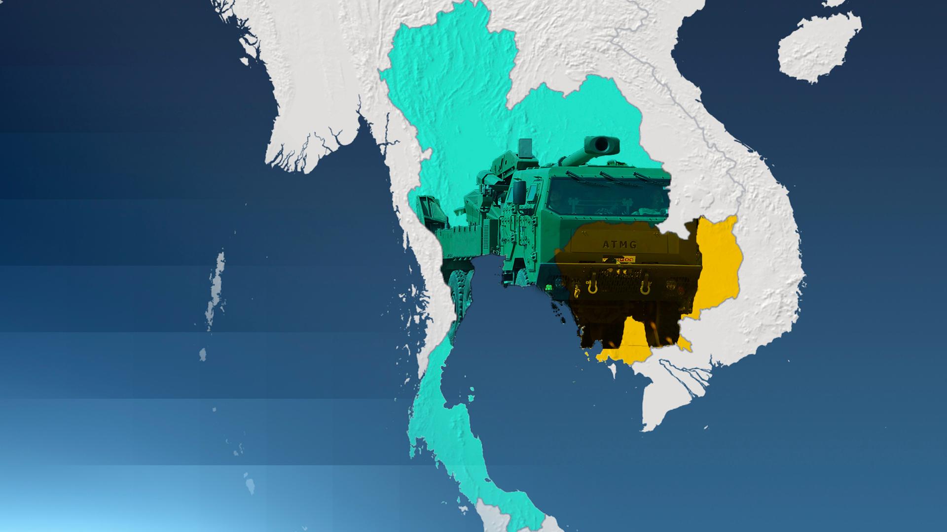 Landkarte von Thailand und Kambodscha. Die Länder sind in unterschiedlichen Farben markiert. In das Bild ist ein Foto von einem Militärfahrzeug eingefügt, dass über den Grenzverlauf gelegt ist und deswegen auch die zwei Farben passend zu den Grenzen über sich gelegt hat.