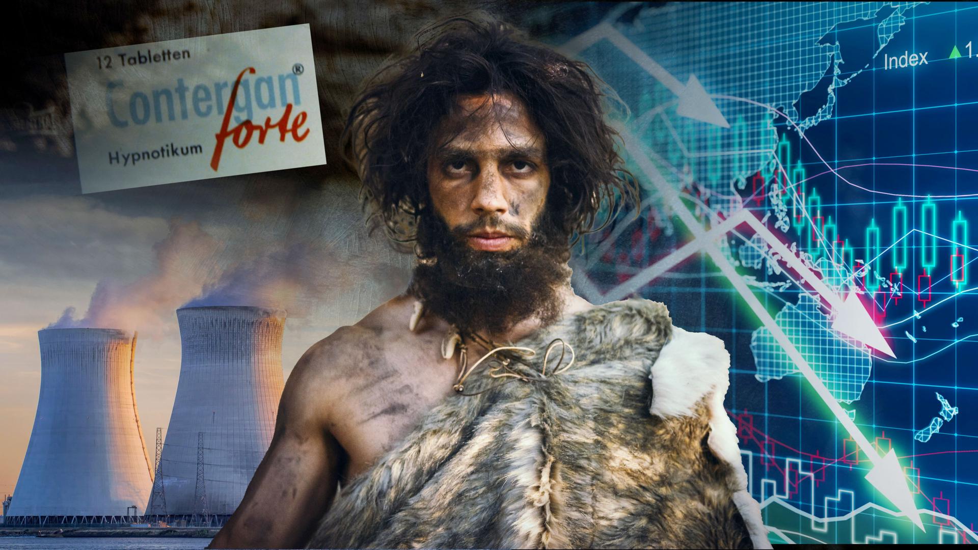 Montage: Im Zentrum ein Steinzeitmensch, dazu Sinnbilder aus den Themenfeldern Atomkraft, Contergan und Finanzkrise.