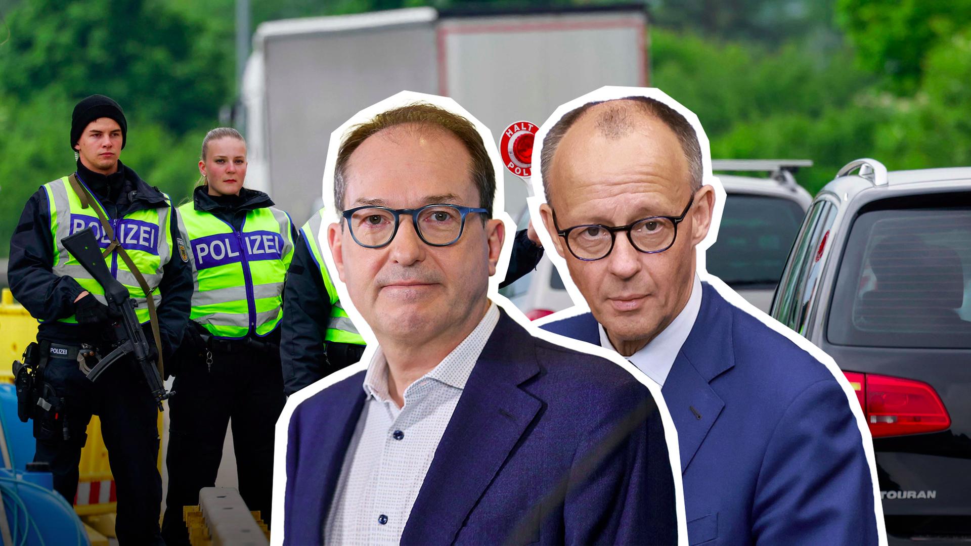Alexander Dobrindt und Friedrich Merz vor dem Bild von einer Grenzkontrolle. 