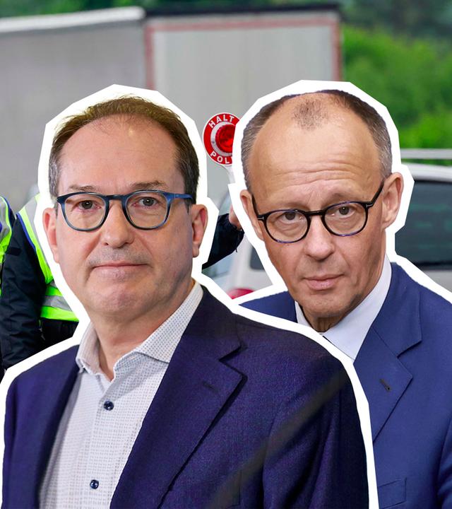 Alexander Dobrindt und Friedrich Merz vor dem Bild von einer Grenzkontrolle. 