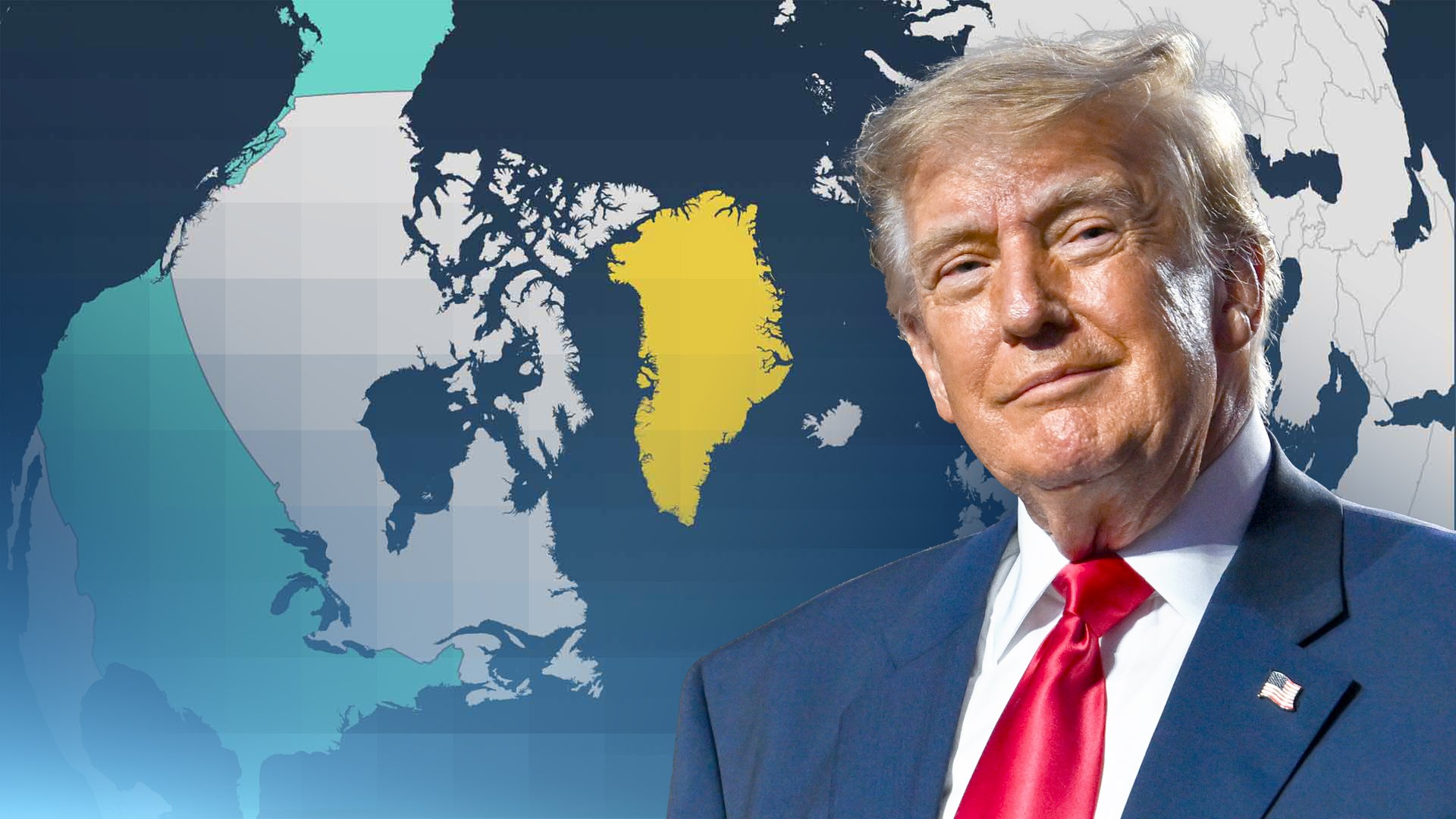 Trump vor Weltkarte auf der die USA und Dänemark farblich hervorgehoben sind.