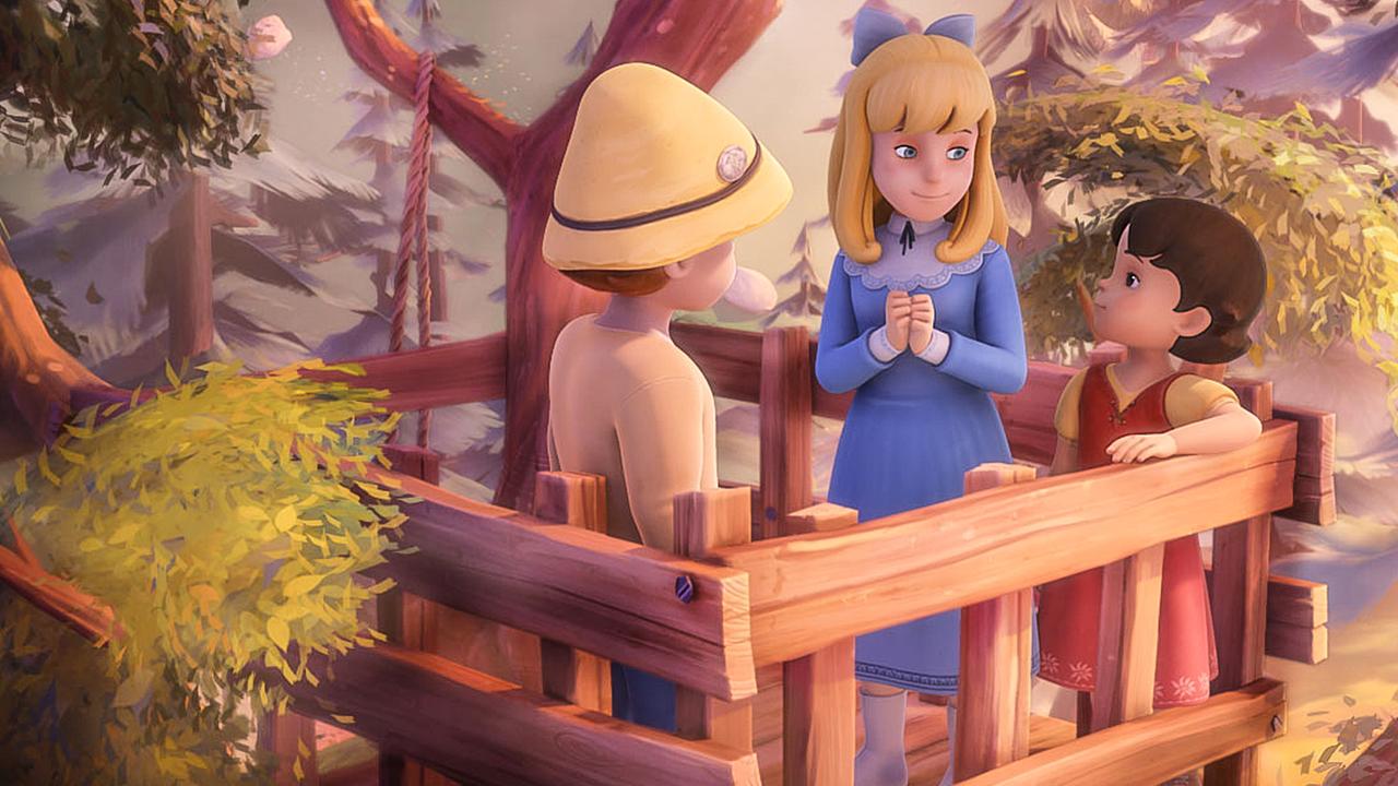 Peter, Clara und Heidi stehen im Baumhaus.